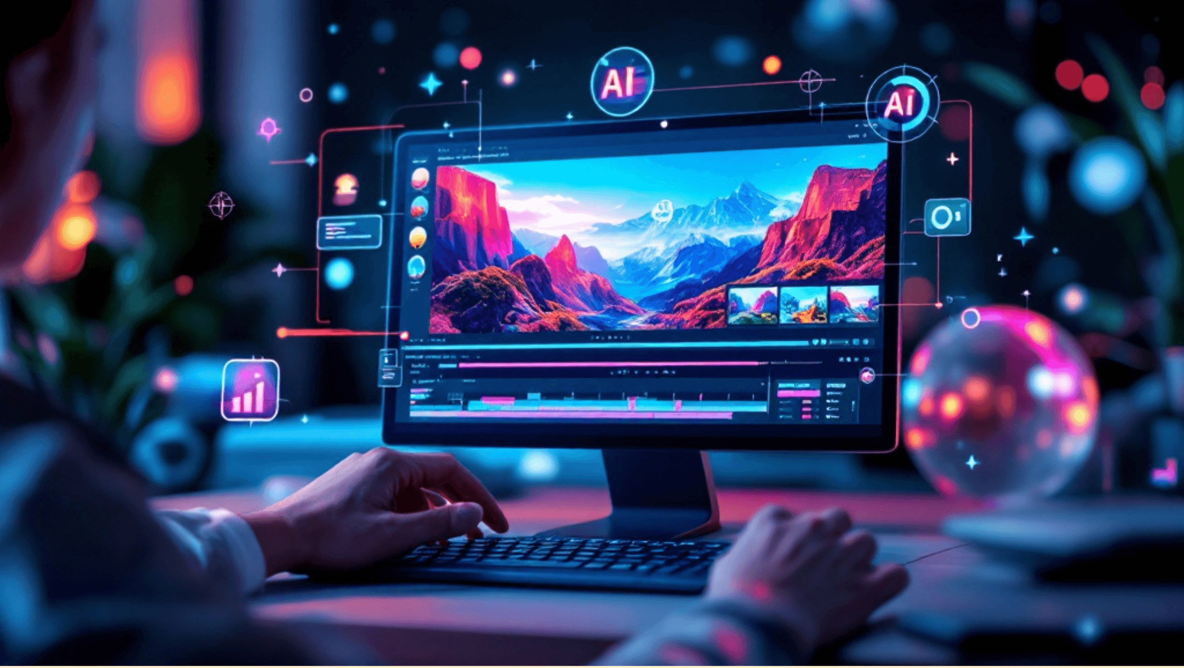 Futuristic image of a content creator using AI video editing tools on a tablet to create Instagram Reels. Represents the power of AI in video creation and editing, emphasizing the ease and creativity AI brings to content production